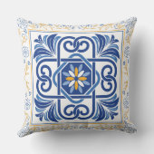青地中海の色と金ゴールドフローラタイルヴィンテージ クッション (裏面)