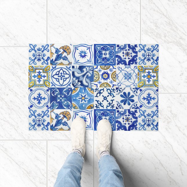 青地中海の色、白および黄色の水色 ドアマット (室内)