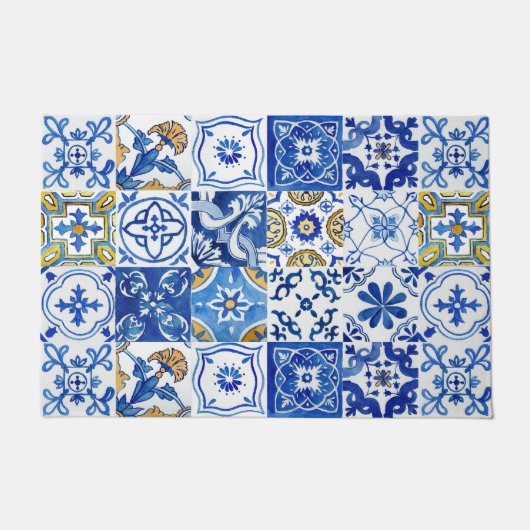 青地中海の色、白および黄色の水色 ドアマット (正面)