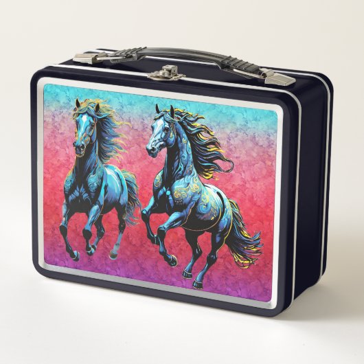 青威厳のあるい馬が霧の中を駆け回る メタルランチボックス (正面)