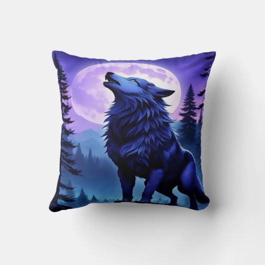 青威厳のある狼が満月の下で泣いている クッション (裏面)