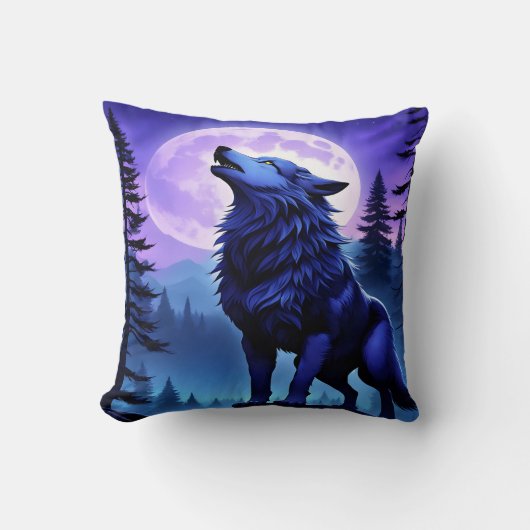 青威厳のある狼が満月の下で泣いている クッション (正面)