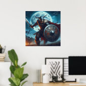 青威厳のある色の月明かりのバイキングシーン ポスター (ホームオフィス)