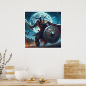 青威厳のある色の月明かりのバイキングシーン ポスター (キッチン)