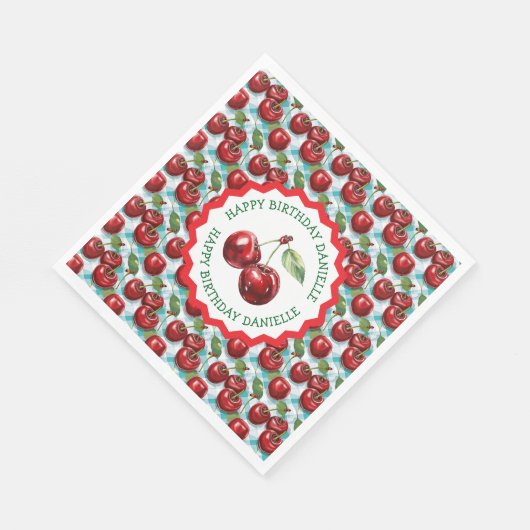青市松模様にさくらんぼパーソナライズされた模様 スタンダードランチョンナプキン (角)