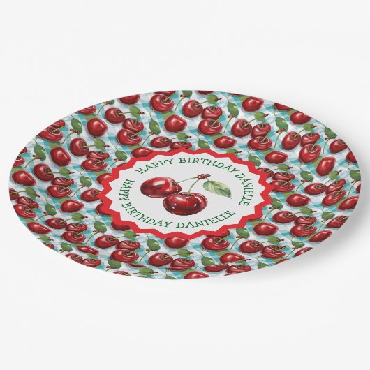 青市松模様にさくらんぼパーソナライズされた模様 ペーパープレート (アングル)