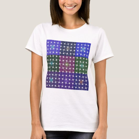青市松模様に紫アートプリント Tシャツ (正面)