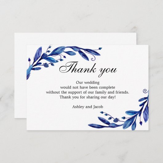 青感謝してい君。冬の結婚式のノート。植物学の サンキューカード (正面/裏面)