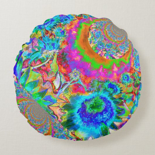 青抽象芸術ひまわりフローラ水絵画色 ラウンドクッション (正面)