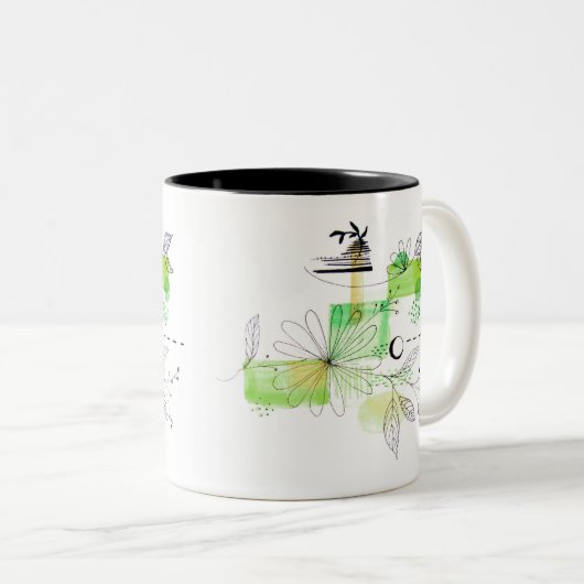 青抽象芸術ジオメトリックグリーンブラック ツートーンマグカップ (正面右)