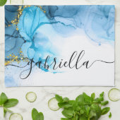 青抽象芸術大理石 キッチンタオル (折り畳み)