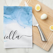 青抽象芸術大理石 キッチンタオル (四つ折り)