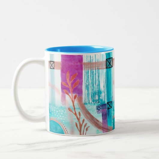 青抽象芸術幾何学明るいピンク赤 ツートーンマグカップ (左)