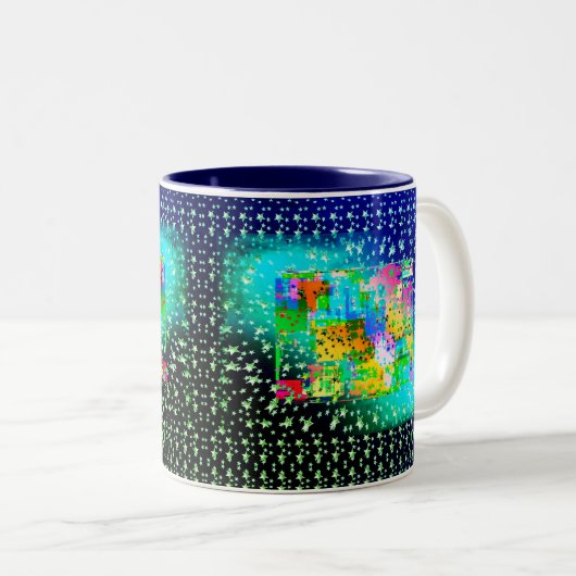 青抽象芸術幾何学星明るい緑 ツートーンマグカップ (正面右)