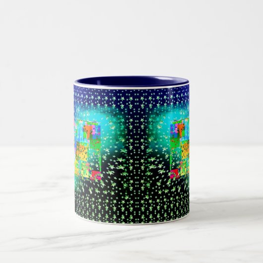 青抽象芸術幾何学星明るい緑 ツートーンマグカップ (中央)