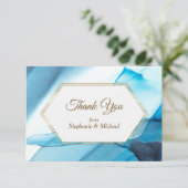青抽象芸術水彩二重枠結婚型 サンキューカード (スタンド正面)