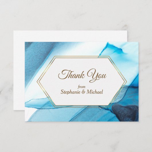 青抽象芸術水彩二重枠結婚型 サンキューカード (正面/裏面)