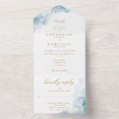 青抽象芸術水色エレガント金ゴールド結婚 オールインワン招待状 (内側)