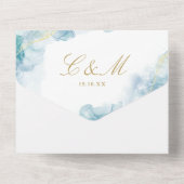 青抽象芸術水色エレガント金ゴールド結婚 オールインワン招待状 (裏面)