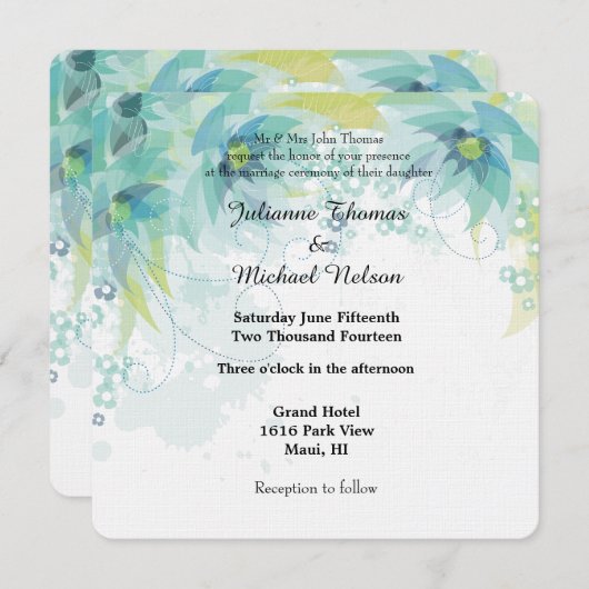 青抽象芸術結婚フローラ 招待状 (正面/裏面)