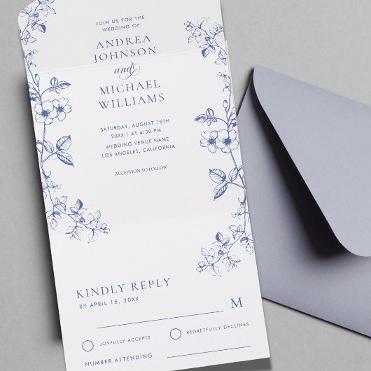 青描ヴィンテージフローラ春の結婚式RSVP オールインワン招待状