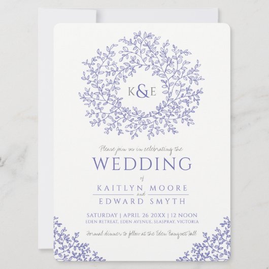 青描葉モノグラム結婚アート 招待状 (正面)