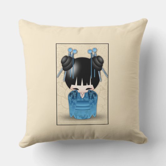 青日本のい服を着たかわいいコケシ人形 クッション (裏面)