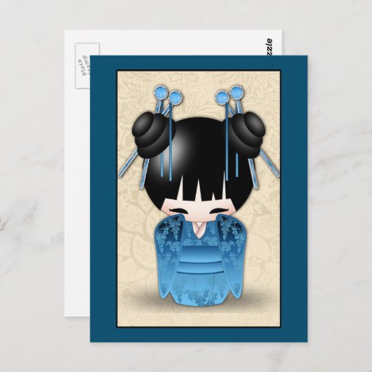 青日本のい服を着たかわいいコケシ人形 ポストカード (正面/裏面)