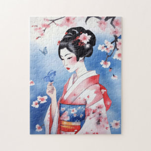 青日本のい蝶の女性 ジグソーパズル