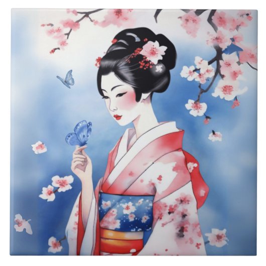 青日本のい蝶の女性 タイル (正面)