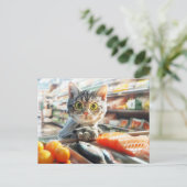 青果物が並ぶスーパーで買い物をする猫 シーズンポストカード (スタンド正面)