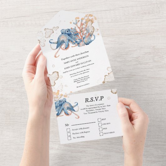 青橙色のタコのコーラルウォーターの色海 オールインワン招待状 (貼ってはがせる)