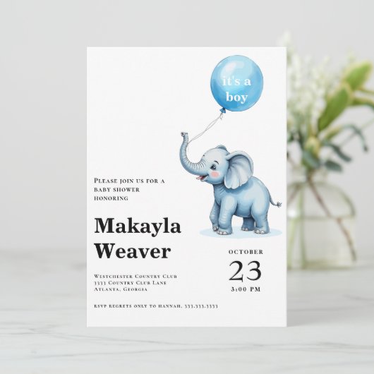青気球のかわいいゾウの赤ちゃんシャワーだよ 招待状 (スタンド正面)