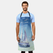 青水エレガント色帆船モノグラム エプロン (着用した状態)