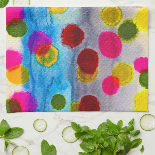 青水玉模様水彩抽象芸術 キッチンタオル (折り畳み)