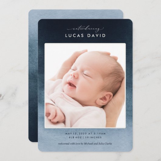 青水色グラデーション写真誕生のお知らせ 招待状 (正面/裏面)