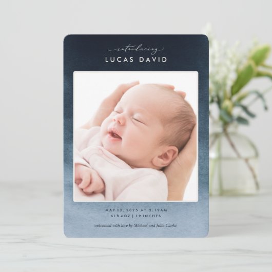 青水色グラデーション写真誕生のお知らせ 招待状 (スタンド正面)