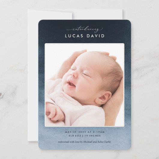 青水色グラデーション写真誕生のお知らせ 招待状 (正面)