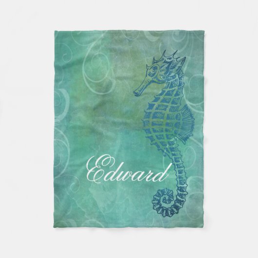 青海と海馬と花咲き フリースブランケット (正面)