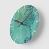 青海と海馬と花咲き ラウンド壁時計 (傾斜)