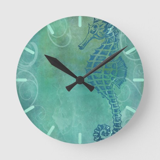 青海と海馬と花咲き ラウンド壁時計 (正面)