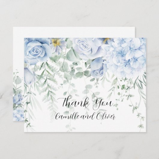 青淡い色のと白のバラのフローラサンキューカード サンキューカード (正面/裏面)