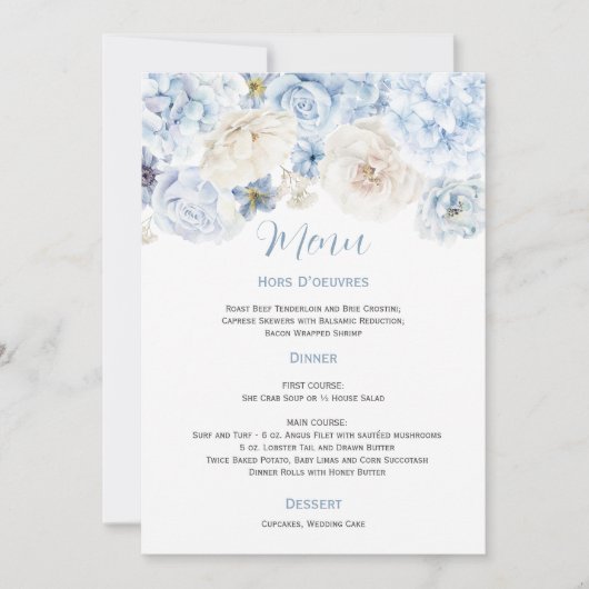 青淡い色のと白のフローラのメ結婚ニュー 招待状 (正面)