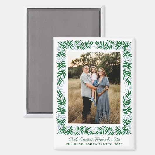 青淡い色のと緑のフォークアートフローラ枠と文字 マグネット (正面/裏面)