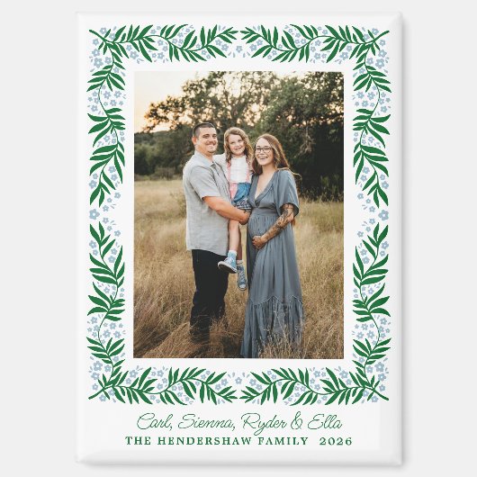 青淡い色のと緑のフォークアートフローラ枠と文字 マグネット (正面)