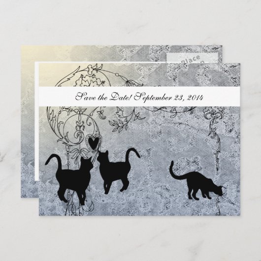 青淡い色のヴィンテージキャット日付の保存 案内ポストカード (正面/裏面)