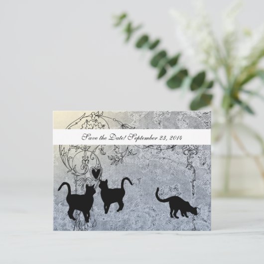 青淡い色のヴィンテージキャット日付の保存 案内ポストカード (スタンド正面)