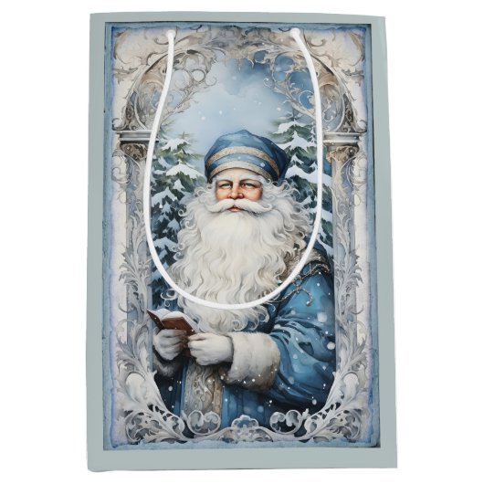 青淡い色の白の父クリスマス ミディアムペーパーバッグ (正面)