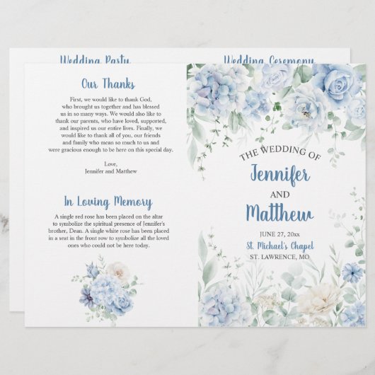 青淡い色の白フローラ結婚式 プログラム (正面/裏面)