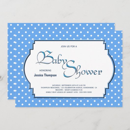 青淡い色の白水玉模様赤ちゃんシャワー 招待状 (正面/裏面)